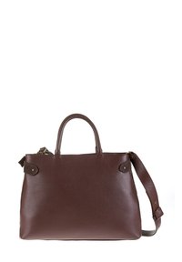 Sac à main en cuir texturé marron foncé avec deux poignées courtes et une bandoulière réglable sur fond blanc.
