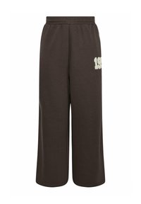 Bruna vida-byxor med mjuk textur, elastisk midja och "198" broderat i vitt på vänster ben.