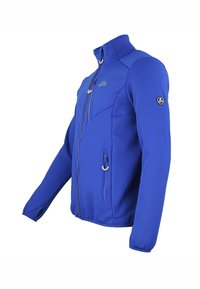 Blauwe ritsjack gemaakt van gladde stof, met een staande kraag, zijzakken en een logo-opdruk op de linker mouw.