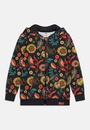Felpa con cappuccio nera con zip, decorata con un motivo floreale colorato in giallo, rosso, verde e arancione, con maniche lunghe e tasche frontali.