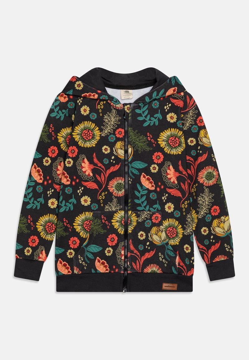 Sweat à capuche noir zippé avec un motif floral coloré en jaune, rouge, vert et orange, doté de manches longues et de poches avant.
