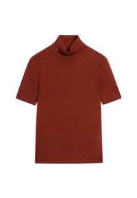 Short-sleeve turtleneck top in a rust color, made from a smooth, stretchy fabric with a fitted design and subtle seams.