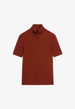 Korte mouwen, coltrui in een rijke roestkleur, gemaakt van een zachte stof met een gladde textuur en een minimalistisch ontwerp.