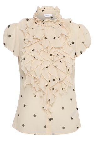Cream blouse with black polka dots, featuring a ruffled front, short puff sleeves, and a high ruffled collar. Button-down design.
