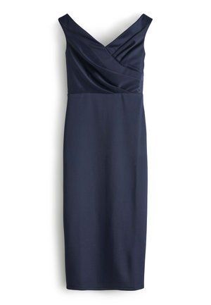 Robe bleu marine foncé sans manches avec un col en V et un corsage drapé, longueur genou avec une jupe droite ajustée.