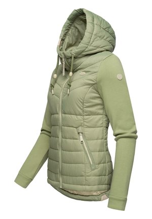 Light green puffer jacket with a hood, quilted upper section, solid sleeves, and zippered pockets. Features adjustable drawstrings and logo detail.