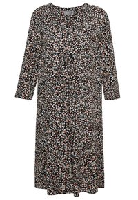 Svart blommig klänning med långa ärmar, knapprad fram, och en lös passform. Har små rosa och vita blommönster över hela tyget.