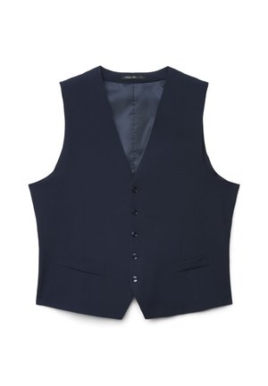 Gilet formale blu navy con cinque bottoni frontali, due tasche inferiori e una superiore, con scollo a V e fodera interna liscia.