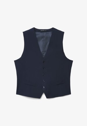 Gilet formel bleu marine avec cinq boutons à l'avant, deux poches basses et une poche haute, avec un col en V et une doublure intérieure lisse.