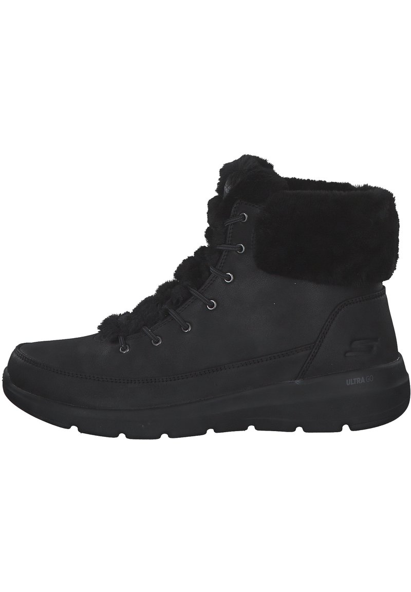 Botas de tobillo negras de cuero con ribete de piel sintética, que cuentan con un diseño de cordones, punta redonda y una suela acolchada para mayor comodidad.