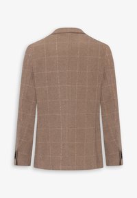 Brun ternet blazer med en tekstureret finish, der har to bagventiler og slanke sorte knapper på ærmerne.