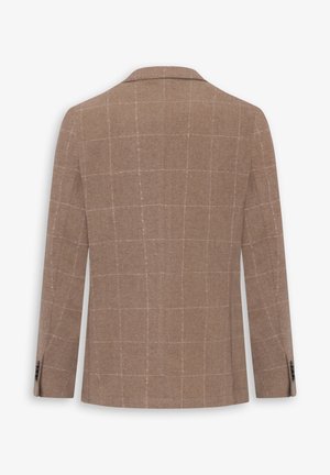 Blazer marrón a cuadros con un acabado texturizado, que cuenta con dos ventillas traseras y elegantes botones negros en los puños.