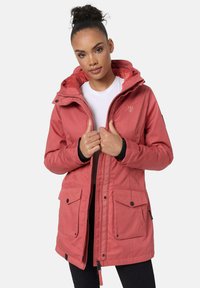 Pink waterproof parka with a zippered front, two large front pockets, adjustable hood, and contrasting inner lining. Textured fabric.
