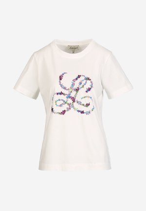 Biały, krótki rękaw t-shirt z kolorowym kwiatowym wzorem tworzącym abstrakcyjny wzór pętli na przodzie, rozmiar mały.