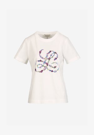 Bela kratka majica z barvitim cvetličnim vzorcem, ki tvori abstraktni vzorec zanke na sprednji strani, velikost majhna.