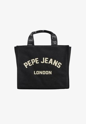 Bolsa tote rectangular negra con asas cortas, con la inscripción "PEPE JEANS LONDON" en grandes letras blancas en el frente.