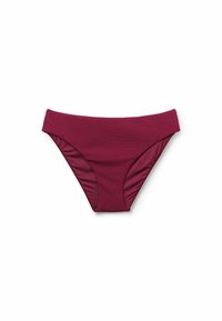 Burgundy bikiniunderdel i en strukturerad tyg med släta kanter, med en medelhög midja och en åtsittande silhuett.