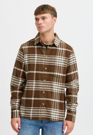 Brown plaid shirt made of cotton, featuring a collar, button-down front, and contrasting white lines. Long sleeves with button cuffs.