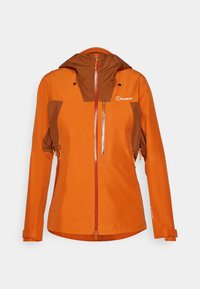 Orange waterproof jacket with a brown accent, high collar, and adjustable cuffs. Features a front zip pocket and logo.
