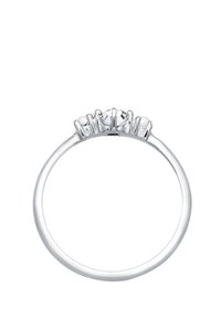 Sølvring med en central klar sten, flankeret af to mindre uigennemsigtige sten. Glat ring med en poleret overflade.