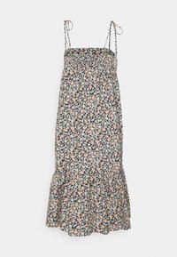 Blumenkleid mit schwarzem Hintergrund und rosa, blauen und grünen Blumen. Geraffter Oberteil, verstellbare Bindeträger und Volantsaum.