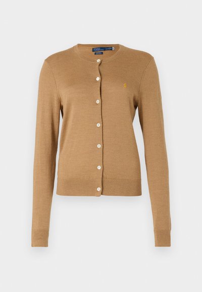 Brown cardigan made of lightweight fabric, featuring a round neckline, long sleeves, and white buttons down the front. Embroidered logo on chest.