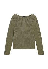 Pull tricoté vert olive à manches longues, col large, texture côtelée et coupe décontractée. Design simple sans quincaillerie ni motifs visibles.