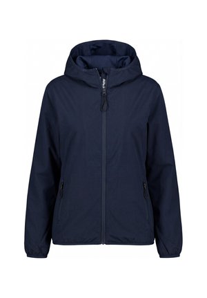 Marineblauw jack met capuchon, voorzien van een ritssluiting aan de voorkant, elastische manchetten en twee ritssluiting zakken aan de zijkanten, afgebeeld op een witte achtergrond.