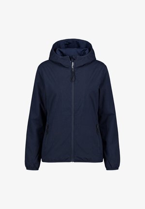 Marineblaue Kapuzenjacke mit Reißverschluss vorne, elastischen Bündchen und zwei seitlichen Reißverschlusstaschen, dargestellt vor weißem Hintergrund.