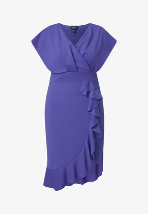 Violetti polvipituinen mekko, jossa on V-pääntie, leveät olkapäät, vartalonmyötäinen vyötärö sekä laskostettu epäsymmetrinen helma ja sivuilla yksityiskohdat.