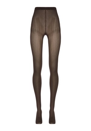 Transparente braune Strumpfhosen mit einem geometrischen Diamantmuster, ausgestattet mit einem festen Bund und fußlosen Enden, vor einem weißen Hintergrund präsentiert.