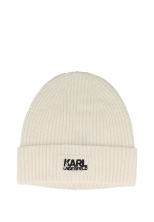Strickmütze in Off-White mit geripptem Muster. Verfügt über einen umgeschlagenen Bund und ein schwarzes "KARL LAGERFELD"-Logo, das auf der Vorderseite gestickt ist.