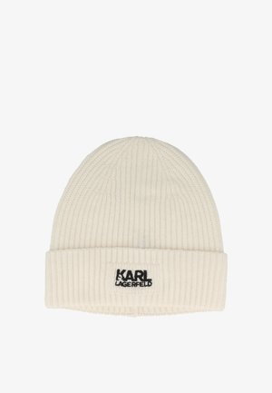 Bonnet tricoté en blanc cassé avec une texture côtelée. Il présente un revers et un logo "KARL LAGERFELD" brodé sur le devant.