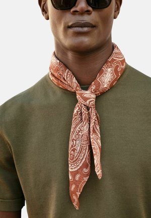 Brun paisley silkescarf bundet om halsen, prydet med intrikate hvide mønstre, båret over en grøn kortærmet skjorte.