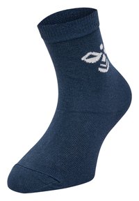 Mörkblå bomullsankelsocka med ribbad mudd och vit bi-logotyp tryckt på sidan. Slät textur och avsmalnande tådesign.