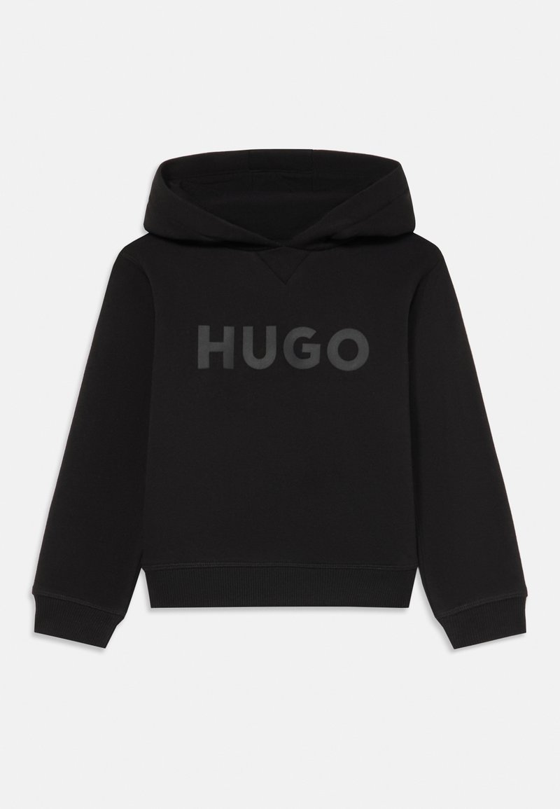 Moletom preto feito de tecido macio com um bolso canguru e punhos canelados. A parte da frente exibe um logotipo "HUGO" em relevo na cor cinza escuro.