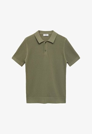 Olive green knitted polo shirt with a textured mesh pattern, three-button placket, and ribbed collar and hem. Short sleeves, casual fit.