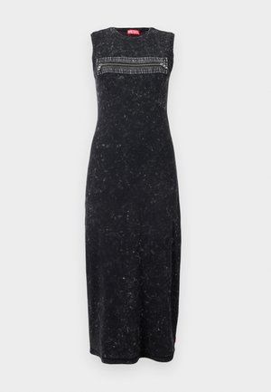 Ärmelloses schwarzes Kleid aus weichem Stoff; verfügt über eine horizontale Reißverschlusstasche auf der Brust. Strukturierte, lange Silhouette mit rundem Ausschnitt.