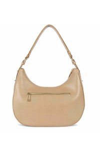 Borsa a spalla in pelle beige con un motivo testurizzato, forma curvata e tasca frontale con zip. Tracolla regolabile e accessori in oro.