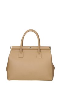 Borsa a tracolla in pelle beige con una forma strutturata, due manici corti e dettagli in metallo dorato. Presenta cuciture visibili e una chiusura a scatto nella parte superiore.