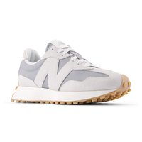 Light gray athletic shoe with a suede and leather upper, featuring a prominent "N" logo, rubber outsole, and white midsole.