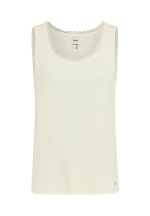Top canotta color crema senza maniche con coste e orlo smerlato in pizzo intorno allo scollo rotondo e piccolo logo metallico vicino all'orlo.