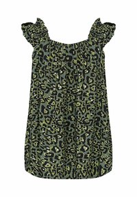 Top verde con stampa leopardata, con spalline arricciate e taglio morbido. Realizzato in tessuto leggero, presenta un colletto arricciato e dettagli neri.