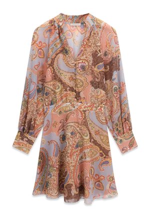 Jurk met lange mouwen van lichte, doorschijnende stof. Voorzien van een paisleyprint in tinten roze, bruin en blauw. Detail met knopen aan de voorkant.