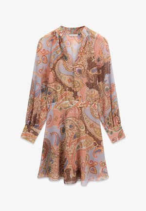 Long-sleeved dress in lightweight, semi-sheer fabric. Features a paisley print with shades of pink, brown, and blue. Buttoned front detail.