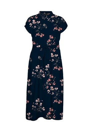 Robe midi navy à manches courtes, imprimé floral en rose et beige, col chemise, et taille ceinturée pour un ajustement réglable.