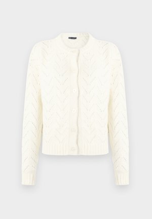 Cardigan branco de malha com um padrão de Chevron texturizado, decote redondo e cinco botões. Apresenta punhos e barra canelados.