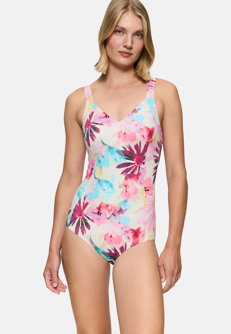 Maillot de bain une pièce en rose pastel avec un motif floral dans des teintes de bleu, violet et jaune. Doté de bretelles spaghetti et d'un décolleté en V.