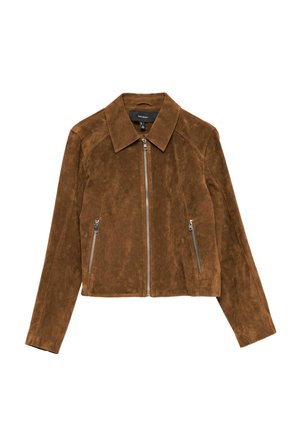 Veste en daim marron avec fermeture éclair frontale, deux poches latérales zippées, col pointu et manches longues.