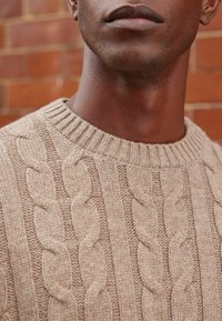 Pull beige en maille torsadée avec un col rond côtelé, présentant des motifs texturés de bandes entrelacées et un tissage doux et épais.